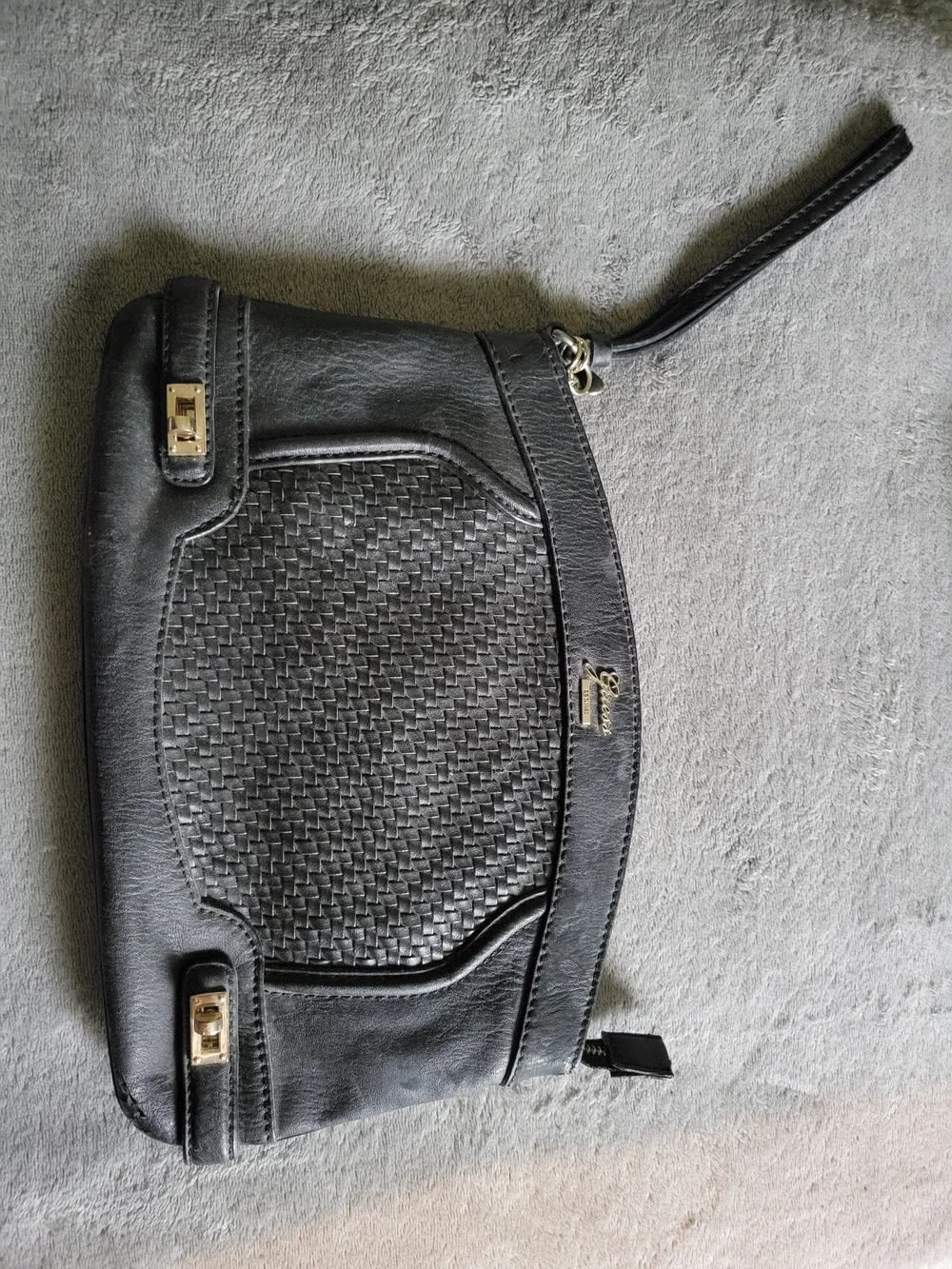 Guess Women's Black Woven Tote Bag with Gold Logo